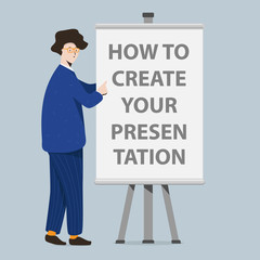 Businessman and presentation screen board. Cartoon illustration