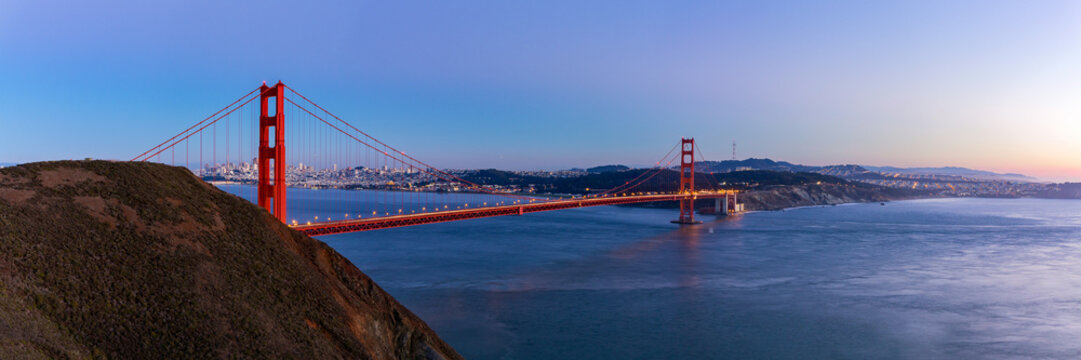 Panorama view of Golden Gate bridge on twilight time, San Francisco, USA.