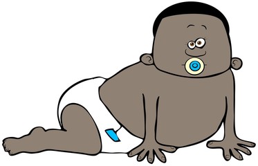 Illustration of a black baby with a pacifier in his mouth and wearing a diaper crawling.