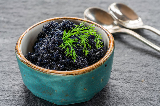 Black lumpfish caviar in a small pot on dark backgournd