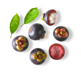 mangosteen sweet fruit isolated on white background. top view