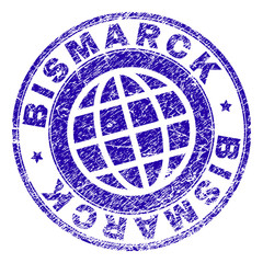 BISMARCK stamp print with distress effect. Blue vector rubber seal print of BISMARCK tag with dirty texture. Seal has words arranged by circle and globe symbol.