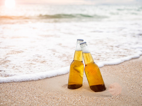 Bottles of Beer on the beach. Party, Friendship, Beer Concept.