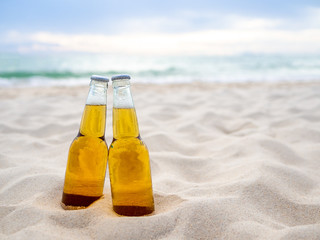 Bottles of Beer on the beach. Party, Friendship, Beer Concept.