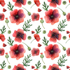 Watercolor seamless pattern Wild Poppies