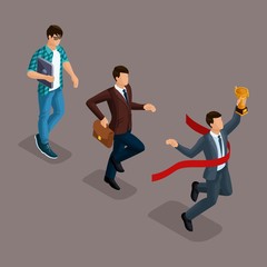 Fashion isometric people, 3d businessman, development start-up, creative young businessman, freelancer, start-up process, career growth, business concept on a dark