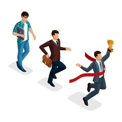 Trendy isometric people, 3d businessman, development start-up, creative young businessman, freelancer, start-up process, career growth, business concept on light background