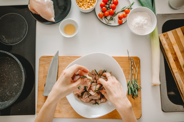 top view photo. girl mising the meat with green © alfa27