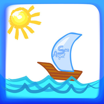 Child's drawing. Sailing boat in the sea. Vector