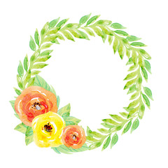 watercolor round frame with stylized bramble, yellow flowers and leaves