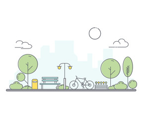City park and wooden bench. Thin line art style illustration. Green urban public park.