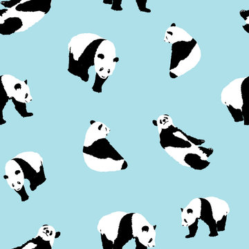 seamless pattern panda on blue background, wildlife animal vector illustration
