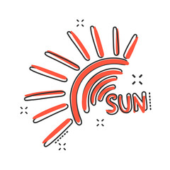 Obraz premium Vector hand drawn sun icon in comic style. Summer sign illustration pictogram. Sun business splash effect concept.