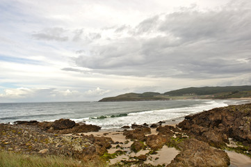 Fototapeta na wymiar Playas de Lires und Nemiña (rechts am Rand), Gemeinde Muxia, Provinz La Coruña,Galicien, Costa da Morte