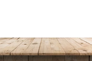 Foto op Plexiglas Lege houten tafel op geïsoleerde witte achtergrond met display montage voor product. © tortoon
