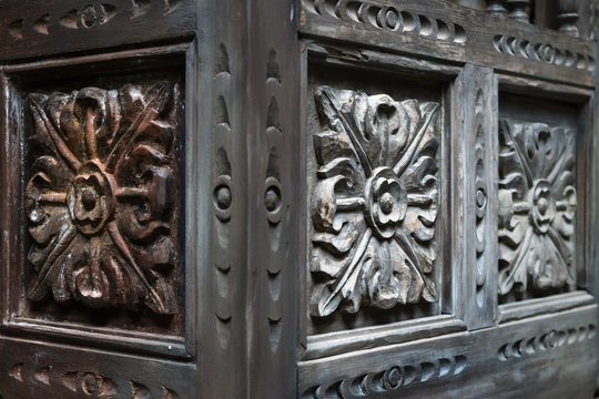 Detail of a wooden flower carving on a balcony in La Orotava, Tenerife, Canary Islands, Spain