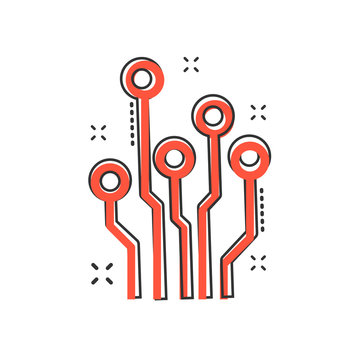 Vector cartoon circuit board icon in comic style. Technology scheme sign illustration pictogram. Microchip business splash effect concept.