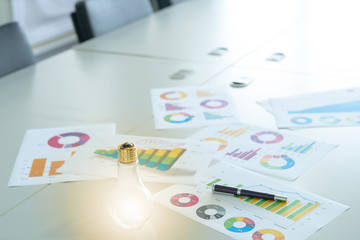 Light bulb on a meeting table with sale chart.