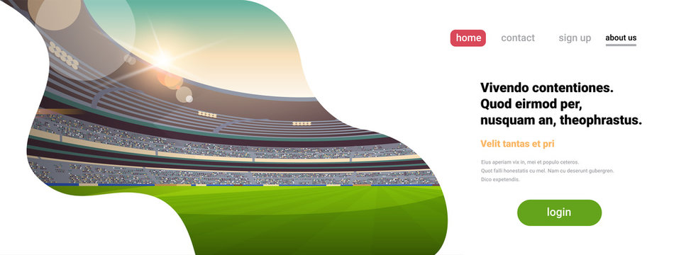 empty football stadium field arena filled tribunes in the evening before start match copy space flat banner vector illustration
