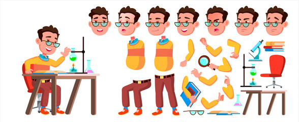Boy Schoolboy Kid Vector. High School Child. Animation Creation Set. Face Emotions, Gestures. Teaching, Educate, Schoolkid. For Advertising, Booklet, Placard Design. Animated. Isolated Illustration