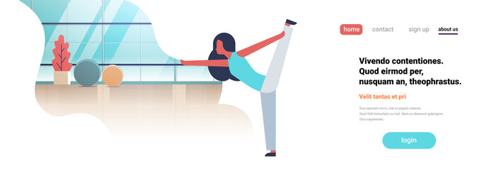 woman doing yoga exercises gym interior female cartoon character fitness activities full length flat copy space banner vector illustration