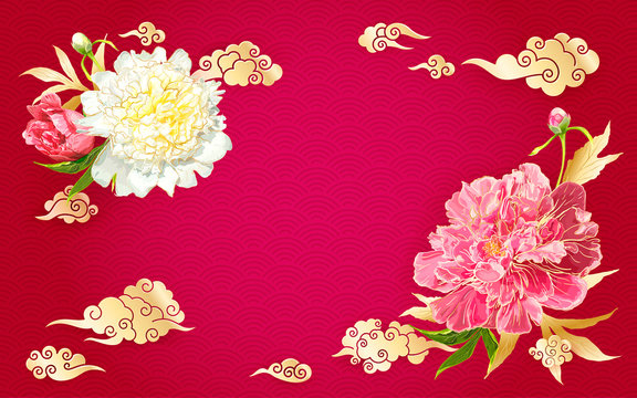 Oriental background with red and pink peonies flowers, leaves, buds and decorative golden chinese clouds. Paper cut style.