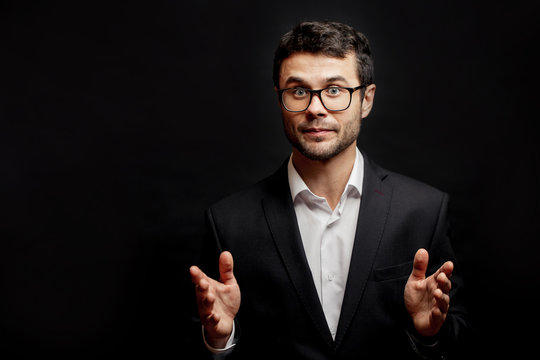 gorgeous speaker is adressing the convocation isolated black background. copy space