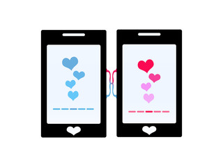 Two lovers communicating with the mobile phones