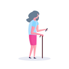 Fototapeta premium old woman character using smartphone elderly granny walking isolated full length flat cartoon vector illustration