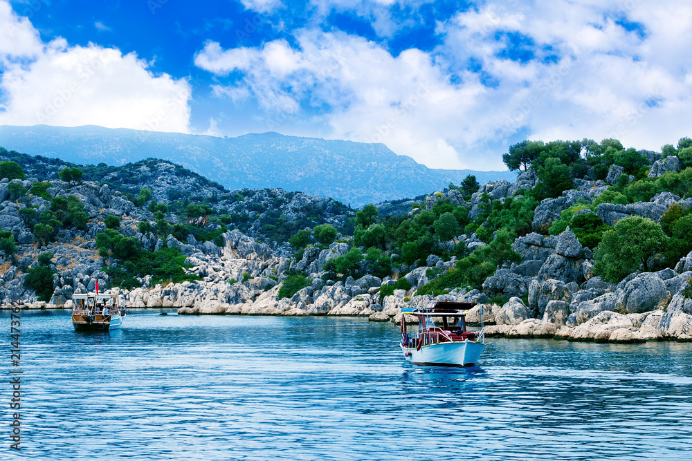 Wall mural cruise touristic ships in the bay mediterranean sea.