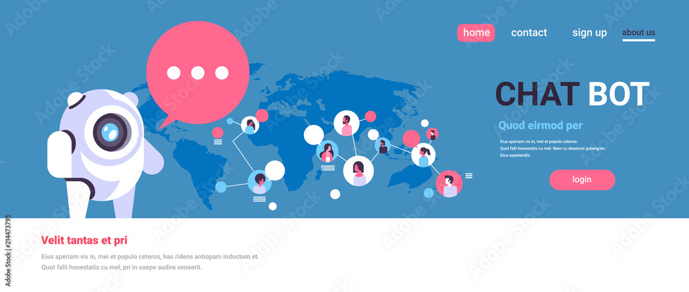 Poster chatbot robot speech bubble people avatar global communication chat bot connection artificial intell