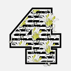 Vintage vector floral Number 4 with grungy chamomile flowers with gold petals on black and white horizontal stripes background. Monochrome grunge numeral four with gerbera bouquet.