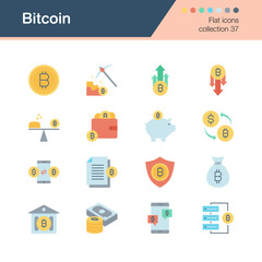 Bitcoin icons. Flat design collection 37. For presentation, graphic design, mobile application, web design, infographics.