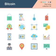 Bitcoin icons. Flat design collection 38. For presentation, graphic design, mobile application, web design, infographics.