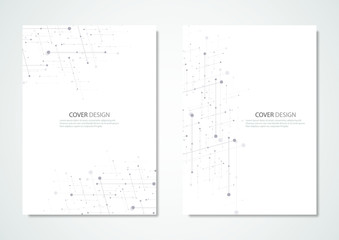 Technology and science vector brochure or cover design. Geometric abstract background with connected lines and dots.