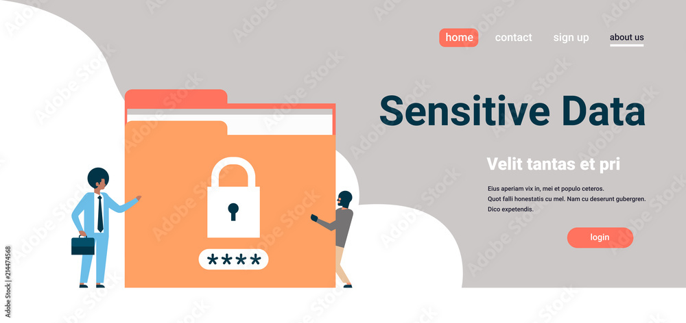 Poster businessman with hacker padlock password folder sensitive data concept locked privacy information da