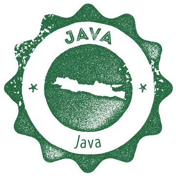 Java map vintage stamp. Retro style handmade label, badge or element for travel souvenirs. Dark green rubber stamp with island map silhouette. Vector illustration.