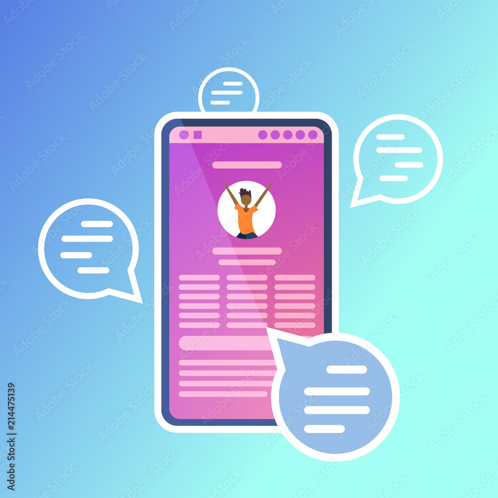 Poster mobile chat bubble application speech text message online communication app interface messenger conc