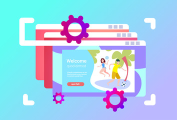 website browser windows interface couple playing beach games female male activity cartoon character frame focusing full length horizontal copy space flat vector illustration