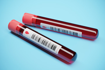 Two medical test tubes with blood on a blue background. 3d rendering