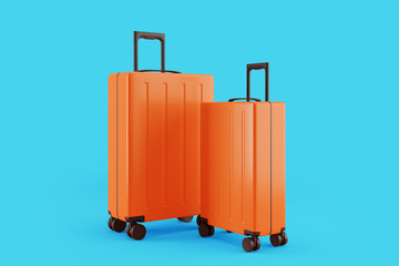 Bright travel bags on a blue background. 3d rendering