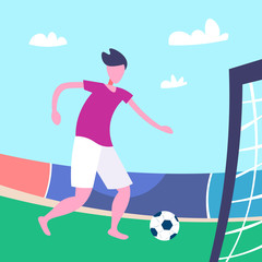 Football player kick ball stadium sport summer championship flat full length character vector illustration