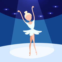 ballerina woman dancing ballet stage background female cartoon character full length flat vector illustration