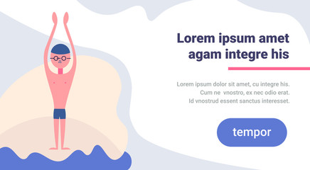 swimmerman swimming glasses white background male cartoon character full length horizontal copy space flat vector illustration