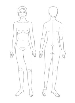 Linear figure of a woman without clothes. Front and rear view. Medical template. Vector illustration.