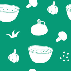 Food seamless pattern made of bowl, garlic, mushroom, olive oil. Kitchen naive hand drawn background. Cooking wallpaper