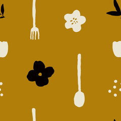 Naive cafe seamless pattern. Fork, spoon end floral elements background