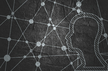 Silhouette of a man head. Mental health relative brochure, report design template. Scientific medical designs. Connected lines with dots.