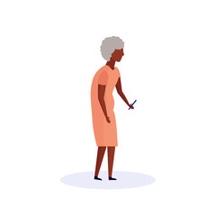 african old woman using smartphone elderly grandmother walk isolated cartoon character full length flat vector illustration