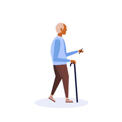 Fototapeta premium african american old man walking stick using smartphone elderly grandfather walk isolated cartoon character full length flat vector illustration